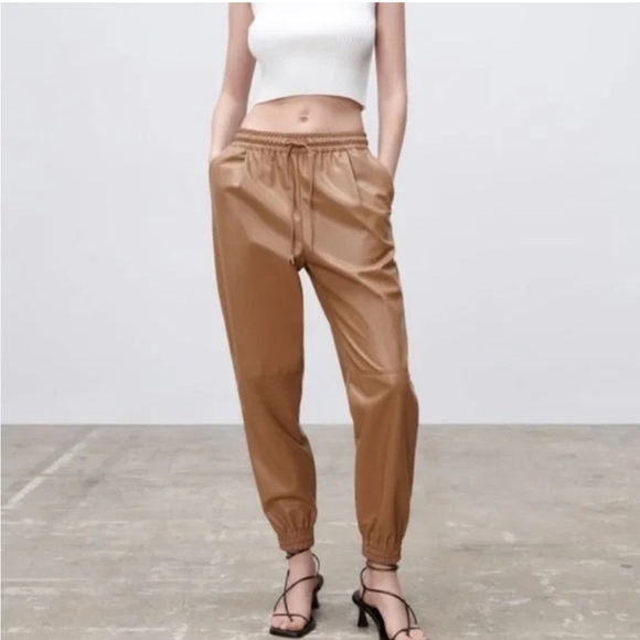 Zara Faux Leather Camel Brown Trouser Jogger SZ XS - Picture 1 of 7